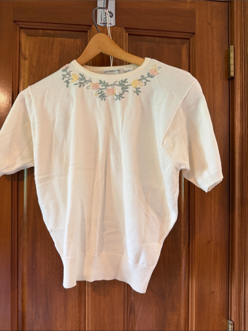 Liz Claiborne White Scoop Neck Sweater with Pastel Floral Embroidery
